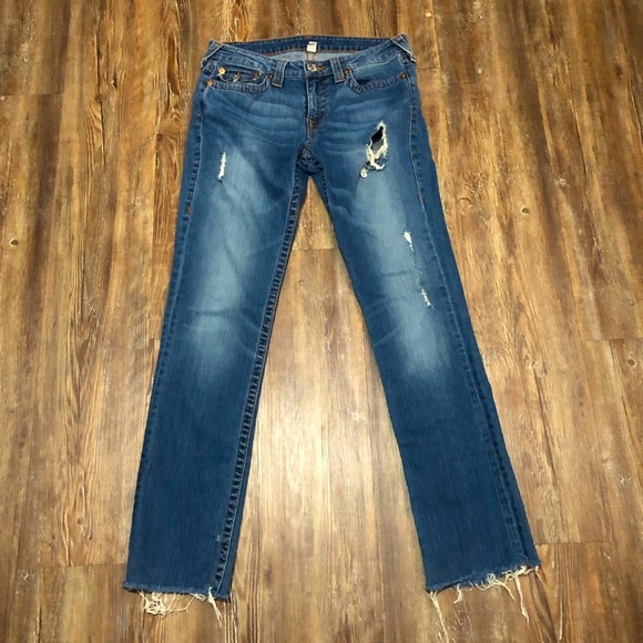 True Religion Jeans Women's 30 Slim Straight W/Flap Bumm Wild & Free Wash Denim - Picture 1 of 7